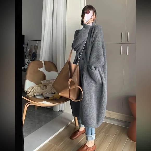 Oversized Button Front Long Sleeve Turtleneck Cardigan, - Picture 4 of 6